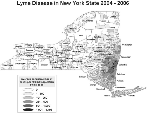 Map of New York State showing the number of reported lyme disease cases 